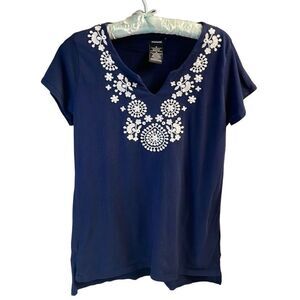 PREMISE Ladies Top with Embroidered Neckline Size M Navy Blue White Floral